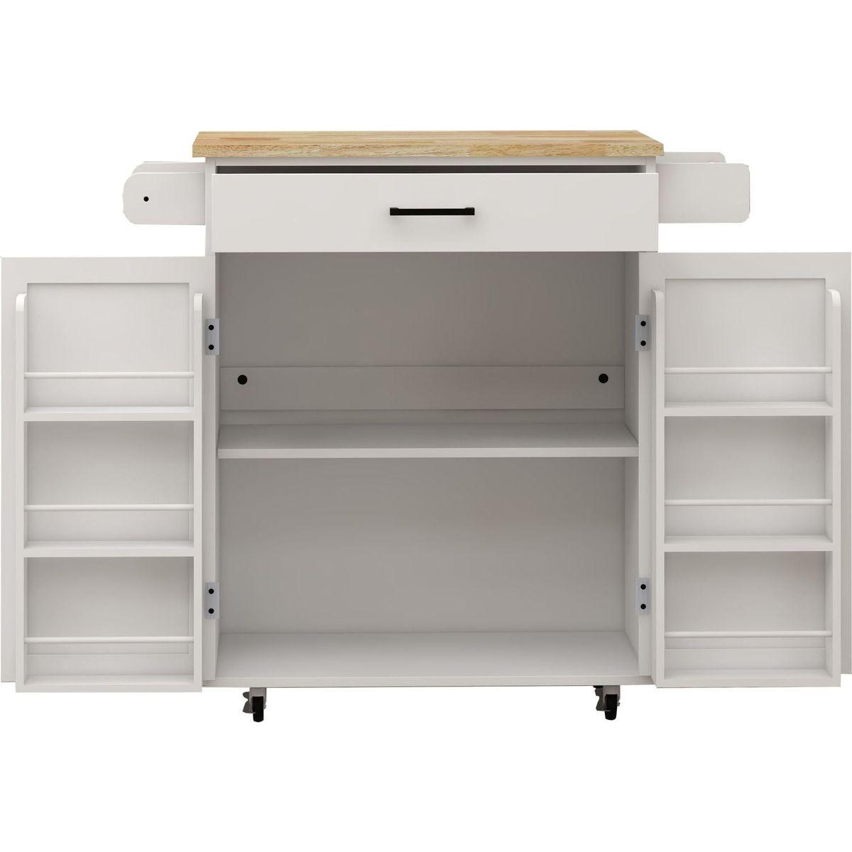 Kitchen island rolling trolley cart with 1 drawer & 2 doors with storage racks & Adjustable Shelves & towel rack & seasoning rack rubber wood table top-White - Streamdale Furniture