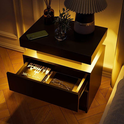 Nightstand LED Bedside Table Cabinet Lights Modern End Side with 2 Drawers for Bedroom (White)