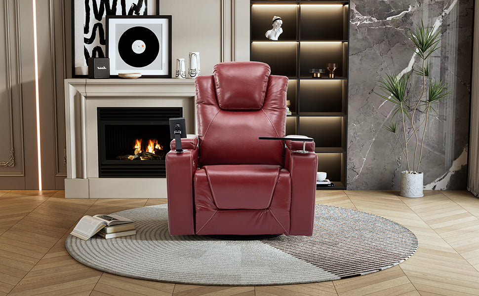 270 Degree Swivel PU Leather Power Recliner Individual Seat Home Theater Recliner with Surround Sound, Cup Holder, Removable Tray Table, Hidden Arm Storage for Living Room, Red