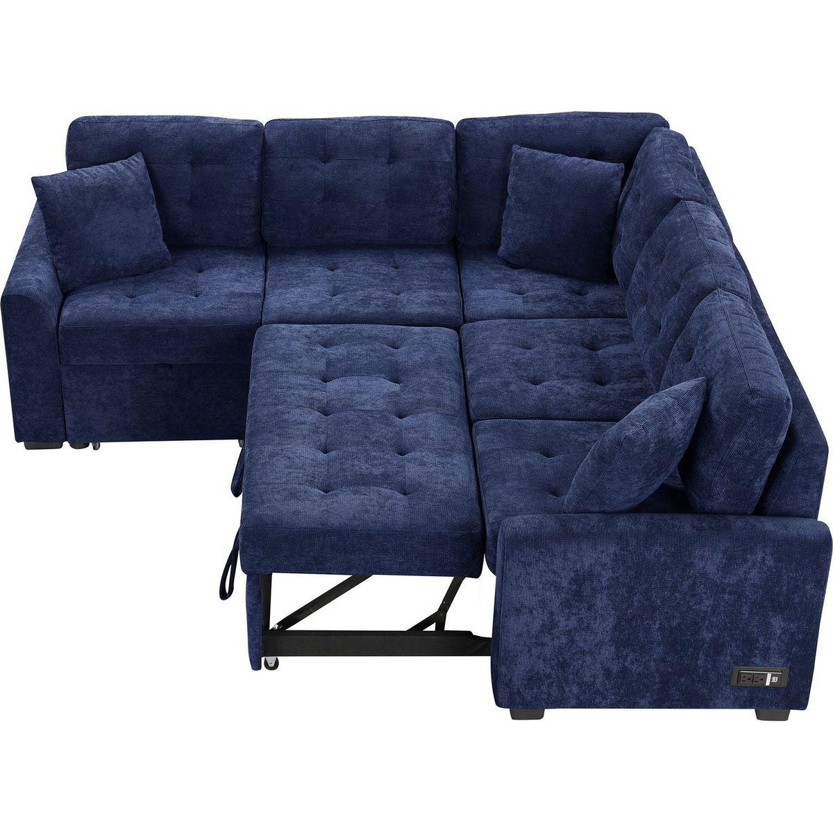 82.6" L-shape Sofa Bed Pull-out Sleeper Sofa with Wheels, USB Ports, Power Sockets for Living Room, Navy Blue