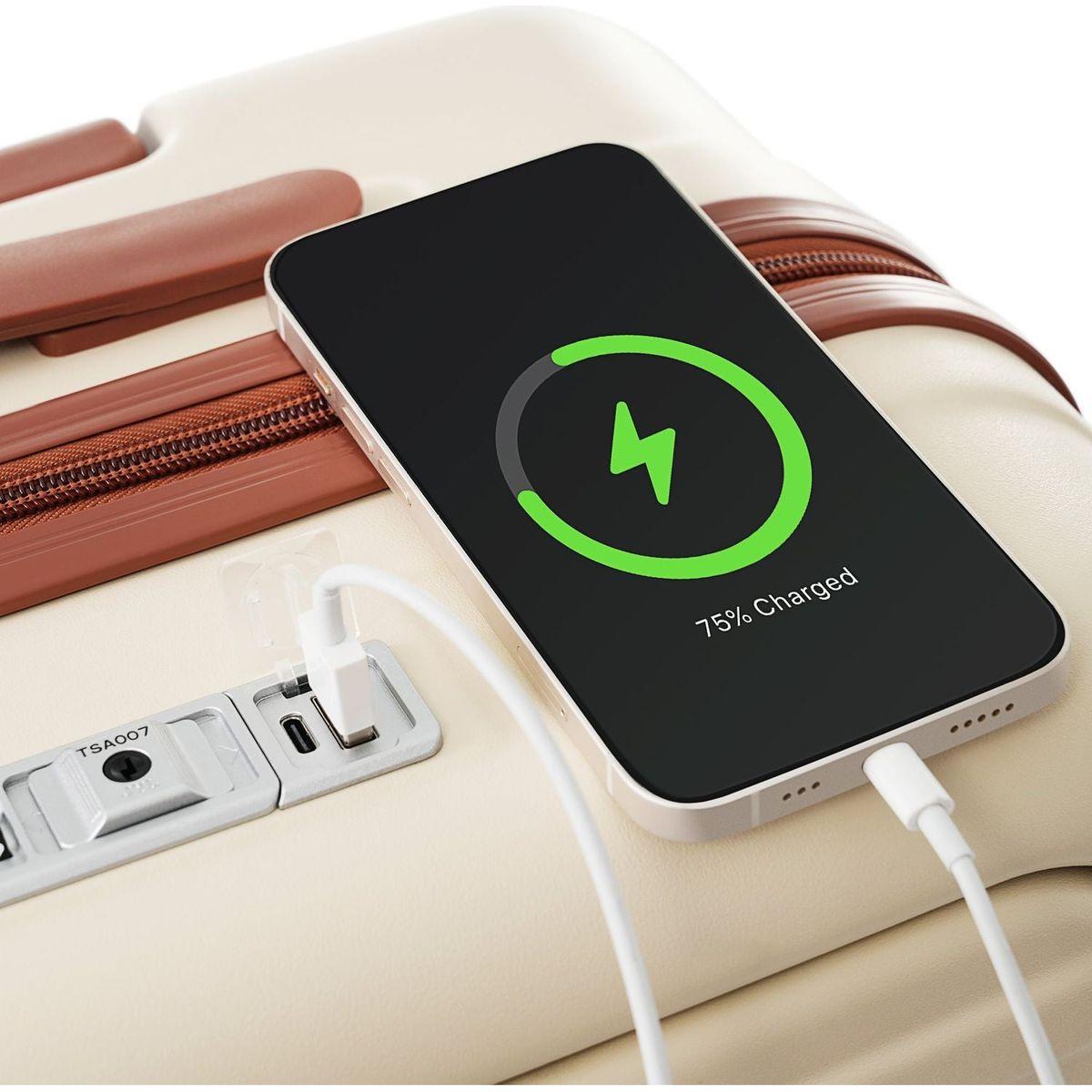 Front Opening 20-Inch Carry-On Luggage with Expandable Travel Bag Set, ABS Hard Shell Two-piece suitcase set with USB Port, Cup Holder, ivory and brown