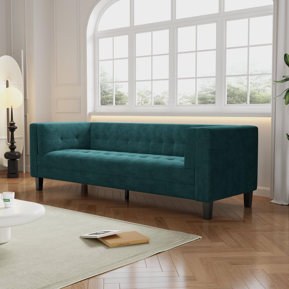 3-Seater Sofa, Upholstered Tufted Coach, Velvet Sofa, Green