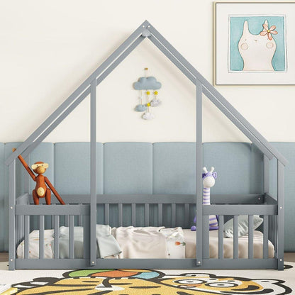 Twin Wood House-Shaped Floor Bed with Fence, Guardrails, Grey