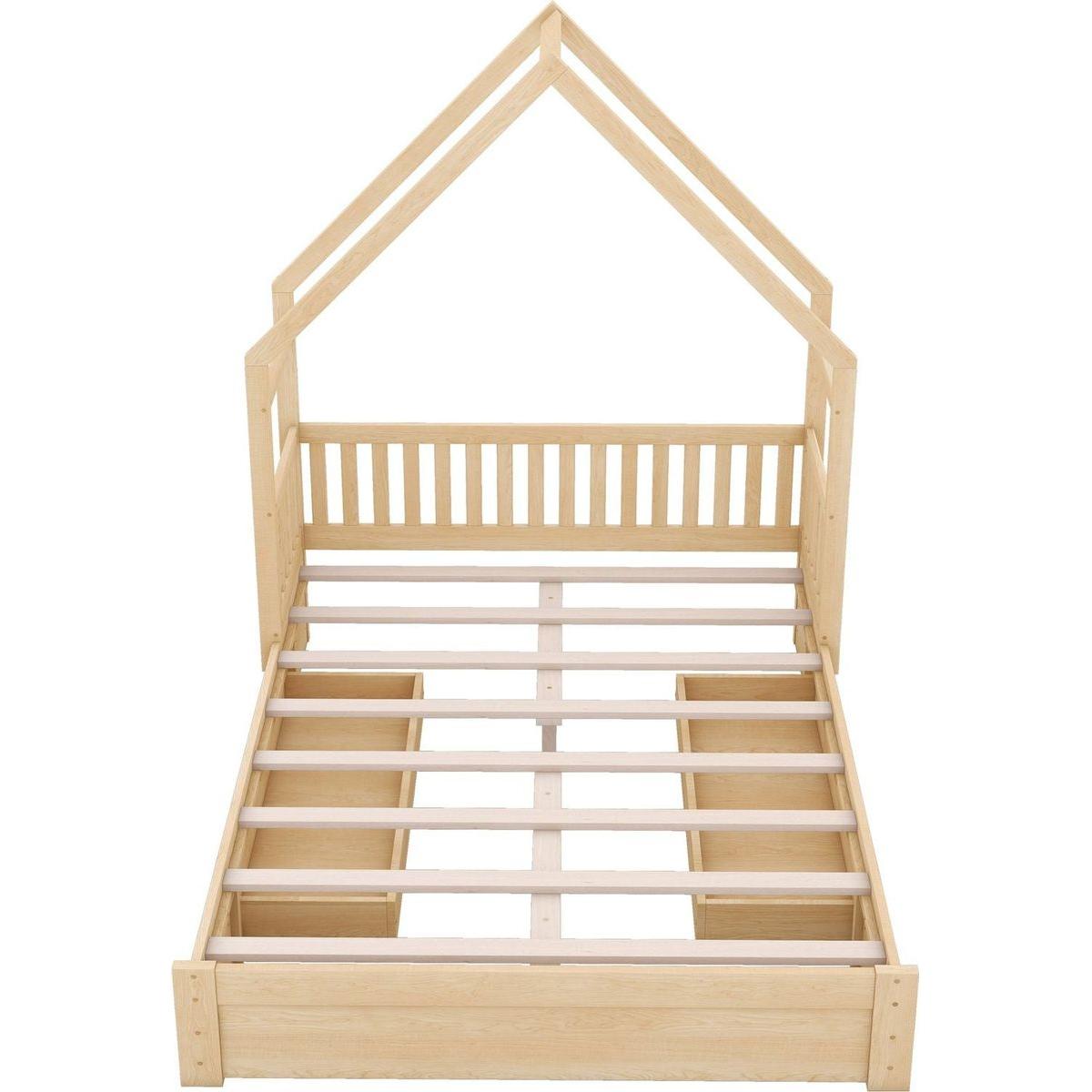 Wood Queen Size House Platform Bed with Guardrail and 2 Drawers, Natural