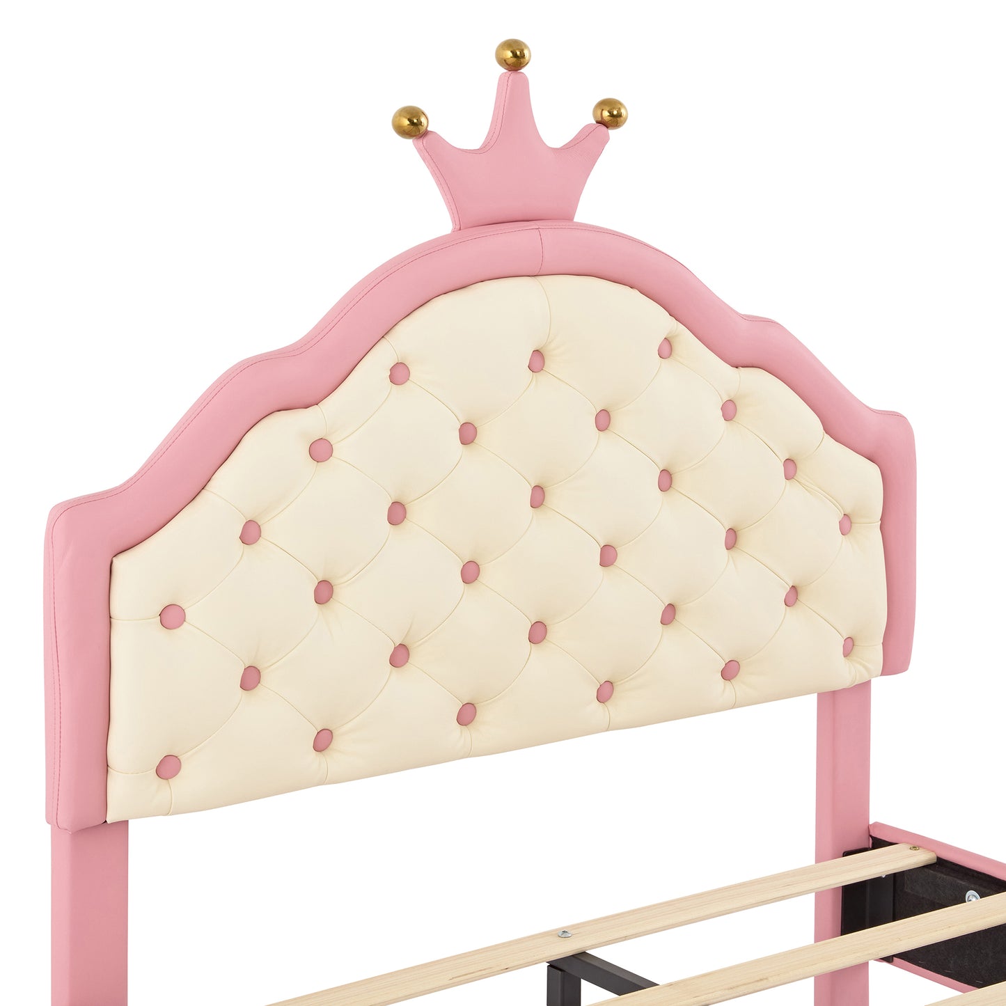 Twin Size Lovely Crown Fantasy PU Leather Princess Bed with Tufted Headboard, Pink+Cream