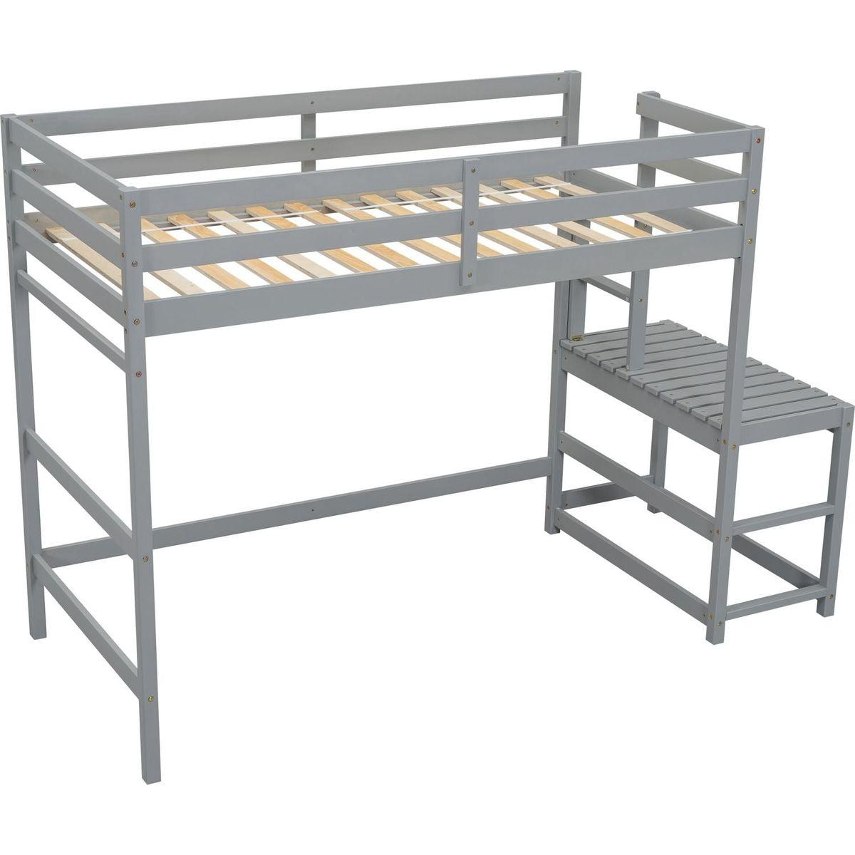 Twin High Loft Bed with Ladder landing Platform, Ladders, Guardrails,Grey