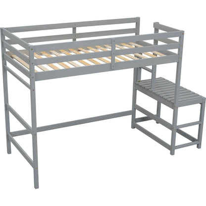 Twin High Loft Bed with Ladder landing Platform, Ladders, Guardrails,Grey