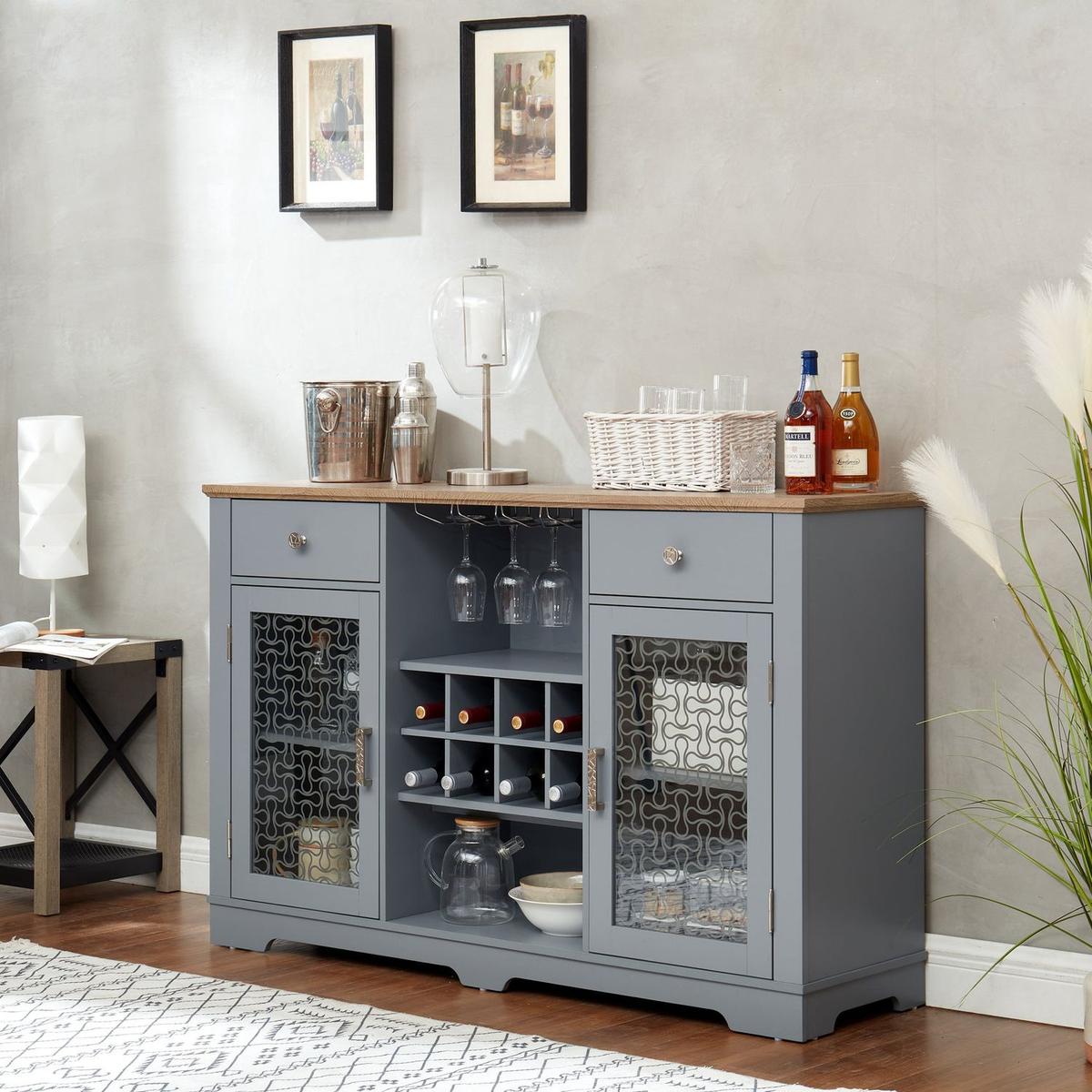 Modern Farmhouse Buffet Cabinet, Sideboard with 2 Drawers and Elegant Glass Door Cabinets, Wine and Glass Rack, Coffee Bar for Kitchen, Dining Room, Light Blue and Light Oak, 56.46"Wx15.55"Dx35.74"H