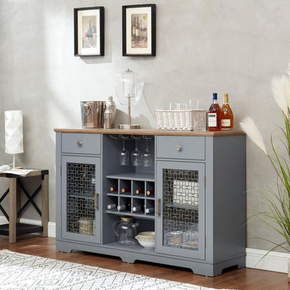 Modern Farmhouse Buffet Cabinet, Sideboard with 2 Drawers and Elegant Glass Door Cabinets, Wine and Glass Rack, Coffee Bar for Kitchen, Dining Room, Light Blue and Light Oak, 56.46"Wx15.55"Dx35.74"H