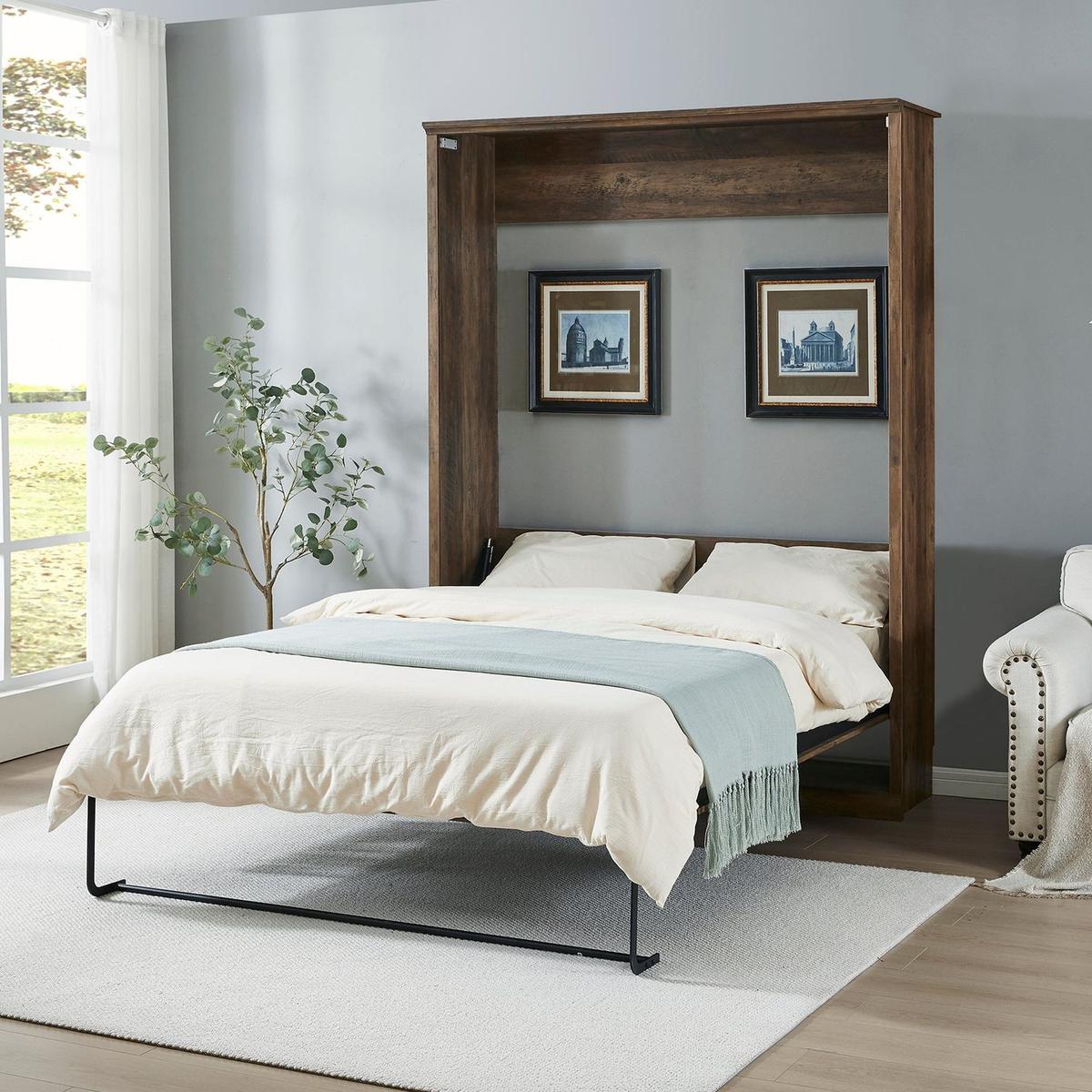 Queen Size Half Self-Close and Open Murphy Bed Cabinet Space-Saving Bed Perfect for Guest Room, for Bed Room, Guest Room, Home Office, Brown