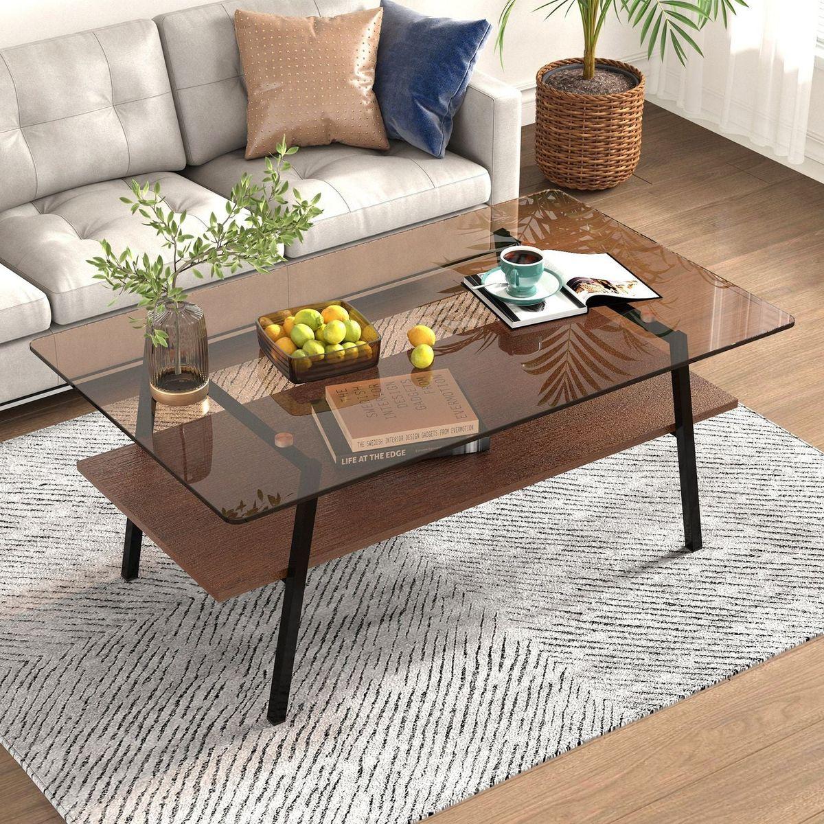 Rectangle Coffee Table, Tempered Glass Tabletop with Black Metal Legs, Modern Table for Living Room, Brown Glass