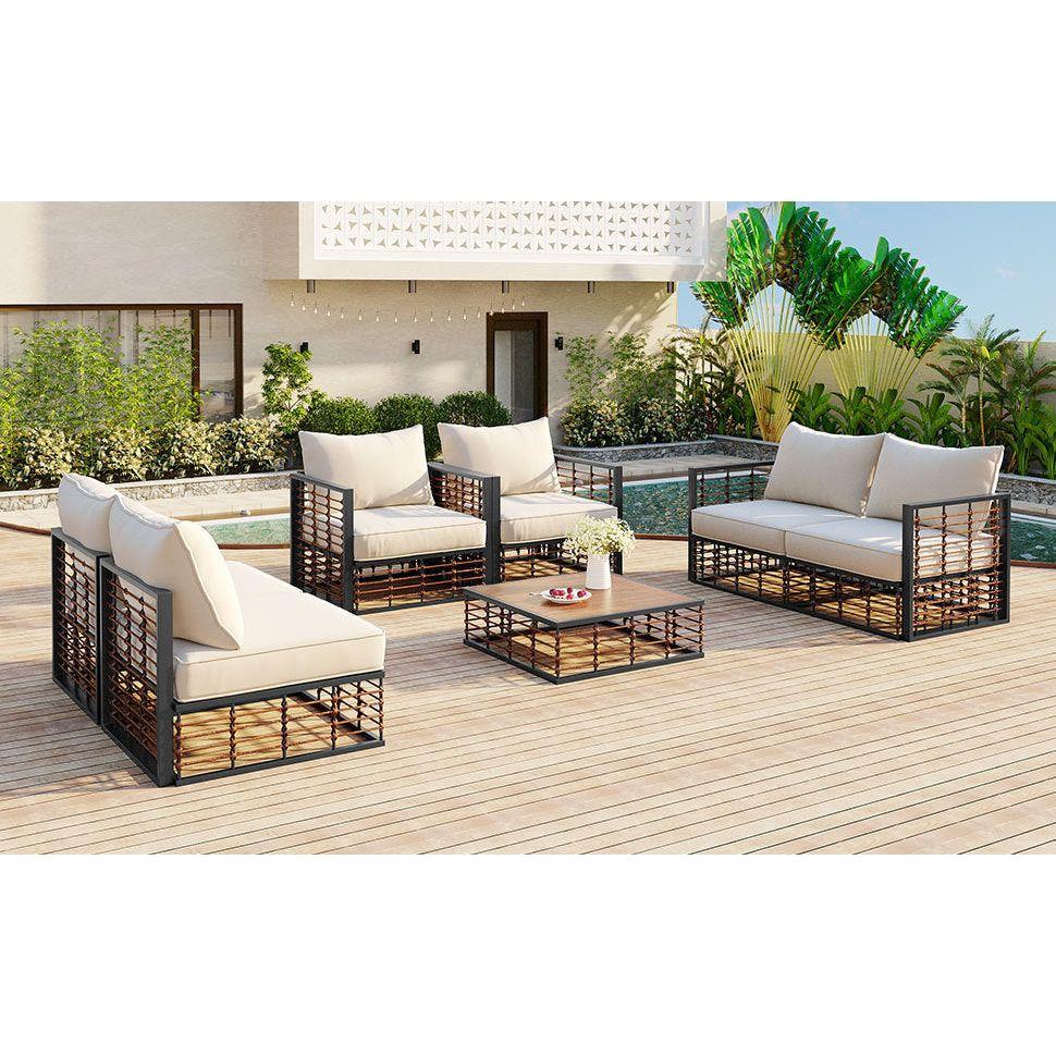 Modern Minimalist 7-Piece Metal Patio Sectional Sofa Set, All-Weather Garden Conversational Furniture Set with Thick Cushions and Coffee Table for Indoor Outdoor, Gray
