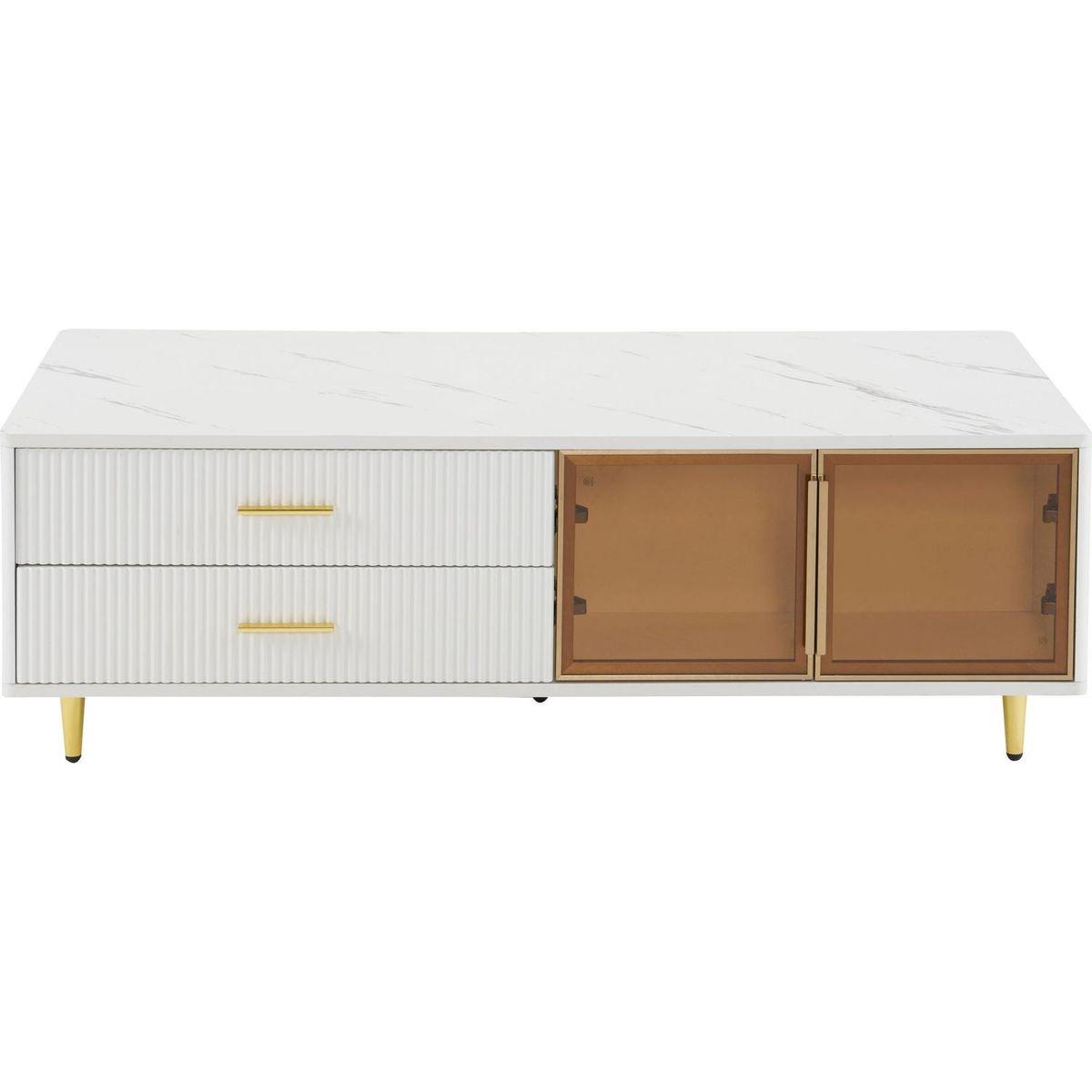 Modern White Coffee Table with 2 Glass Door Storage, 4 Drawers, Gold Metal Legs, and Multi-Color Lighting in 47.2"
