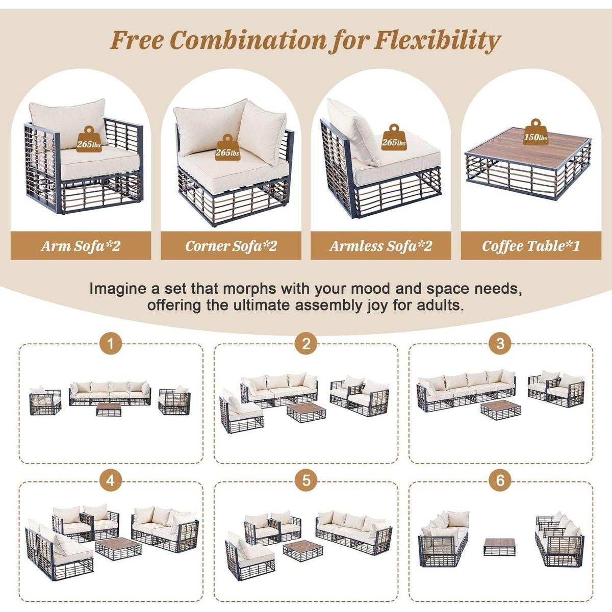 Modern Minimalist 7-Piece Metal Patio Sectional Sofa Set, All-Weather Garden Conversational Furniture Set with Thick Cushions and Coffee Table for Indoor Outdoor, Gray