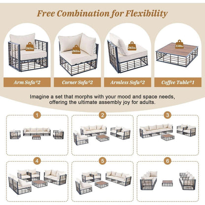 Modern Minimalist 7-Piece Metal Patio Sectional Sofa Set, All-Weather Garden Conversational Furniture Set with Thick Cushions and Coffee Table for Indoor Outdoor, Gray