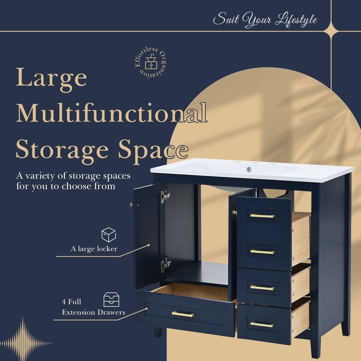 36" Bathroom Vanity with Sink Combo Set, Modern Bathroom Cabinet with 4 Drawers, Freestanding Wood Bathroom Vanity Set with Solid Wood Feet, Blue