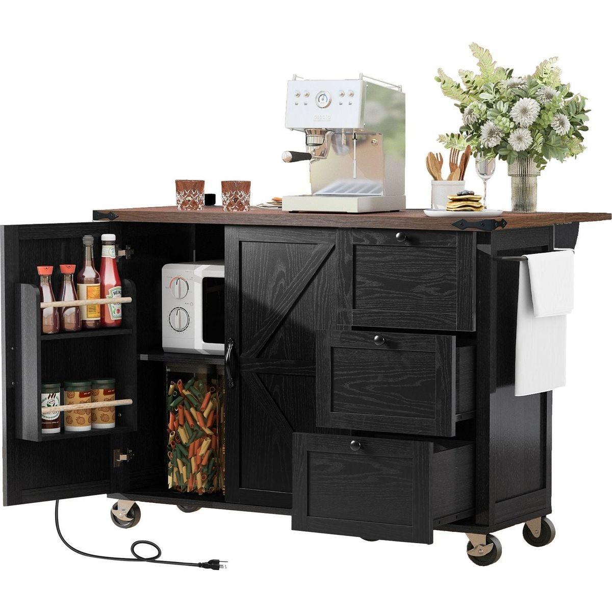 54.5" Farmhouse Kitchen Island with Power Outlet, Kitchen Storage Island with Internal Storage Rack, Drop Leaf, Spice Rack, Rolling Kitchen Cart on Wheels, for Home, Kitchen and Dining Room,Black