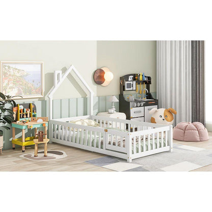 Twin House-Shaped Headboard Floor Bed with Fence,White