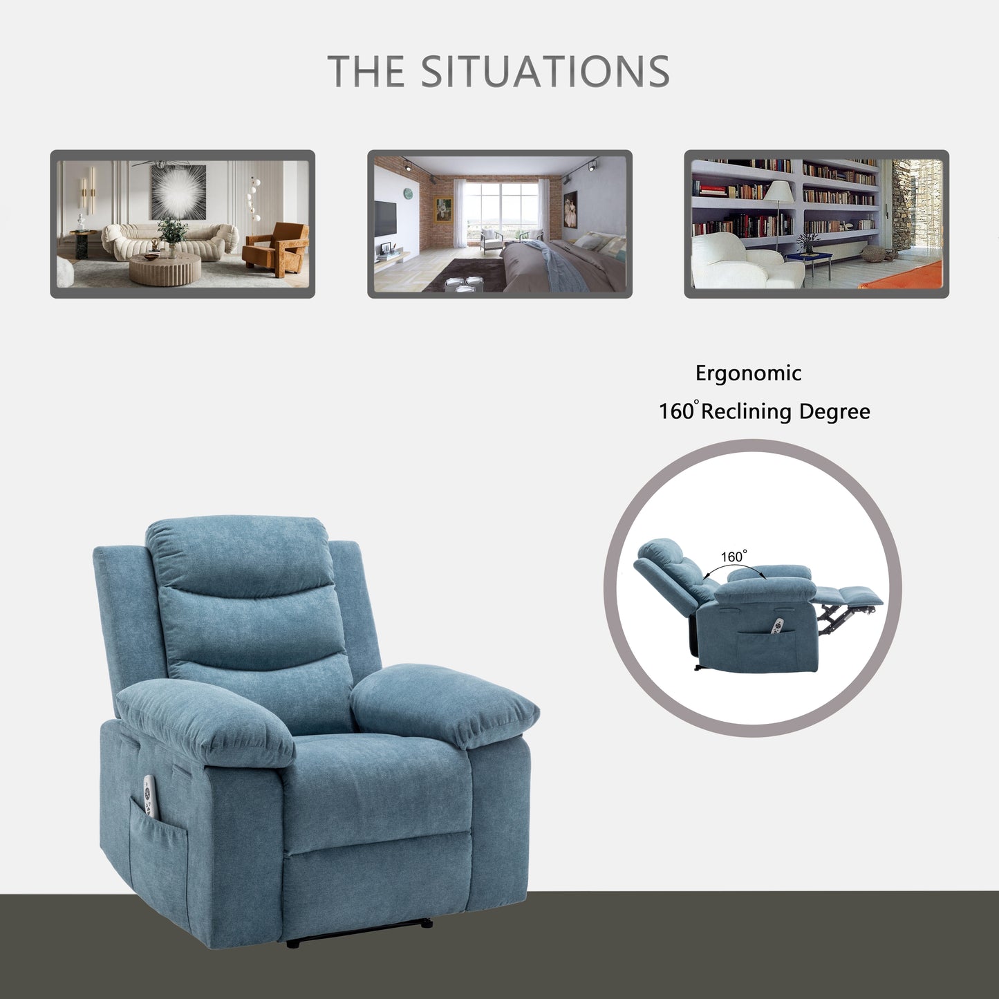 Power Recliner Chair with Adjustable Massage Function, Recliner Chair with Heating System for Living Room, Blue color fabric