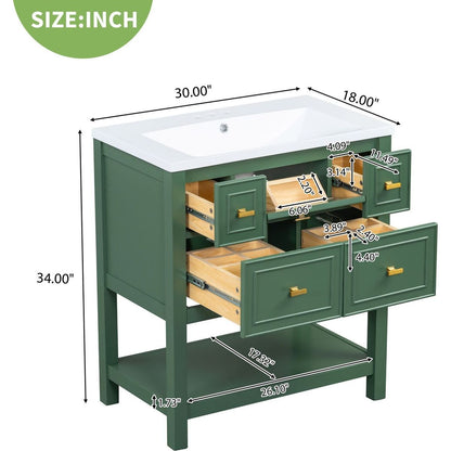 30" Bathroom Vanity with Resin Sink Combo, Free Standing Single Vanity Set with 5 Drawers, Solid Wood Frame Bathroom Storage Cabinet, Green