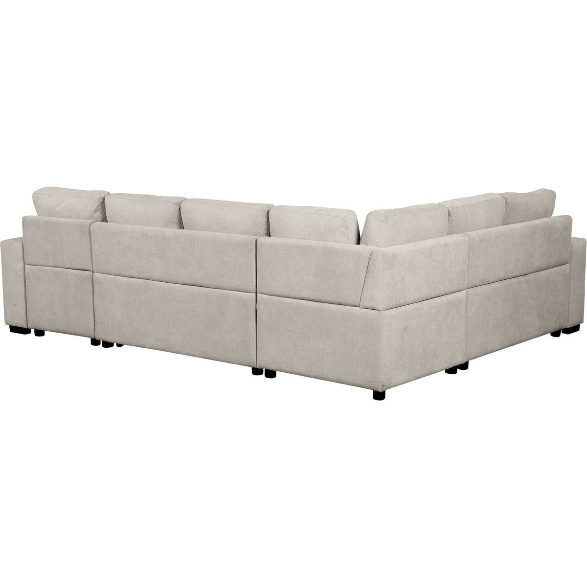 109" U-shaped Sectional Sofa Pull-out Sofa Bed with Two USB Ports, a Storage Chaise Lounge and Four Back Pillows for Living Room, Beige