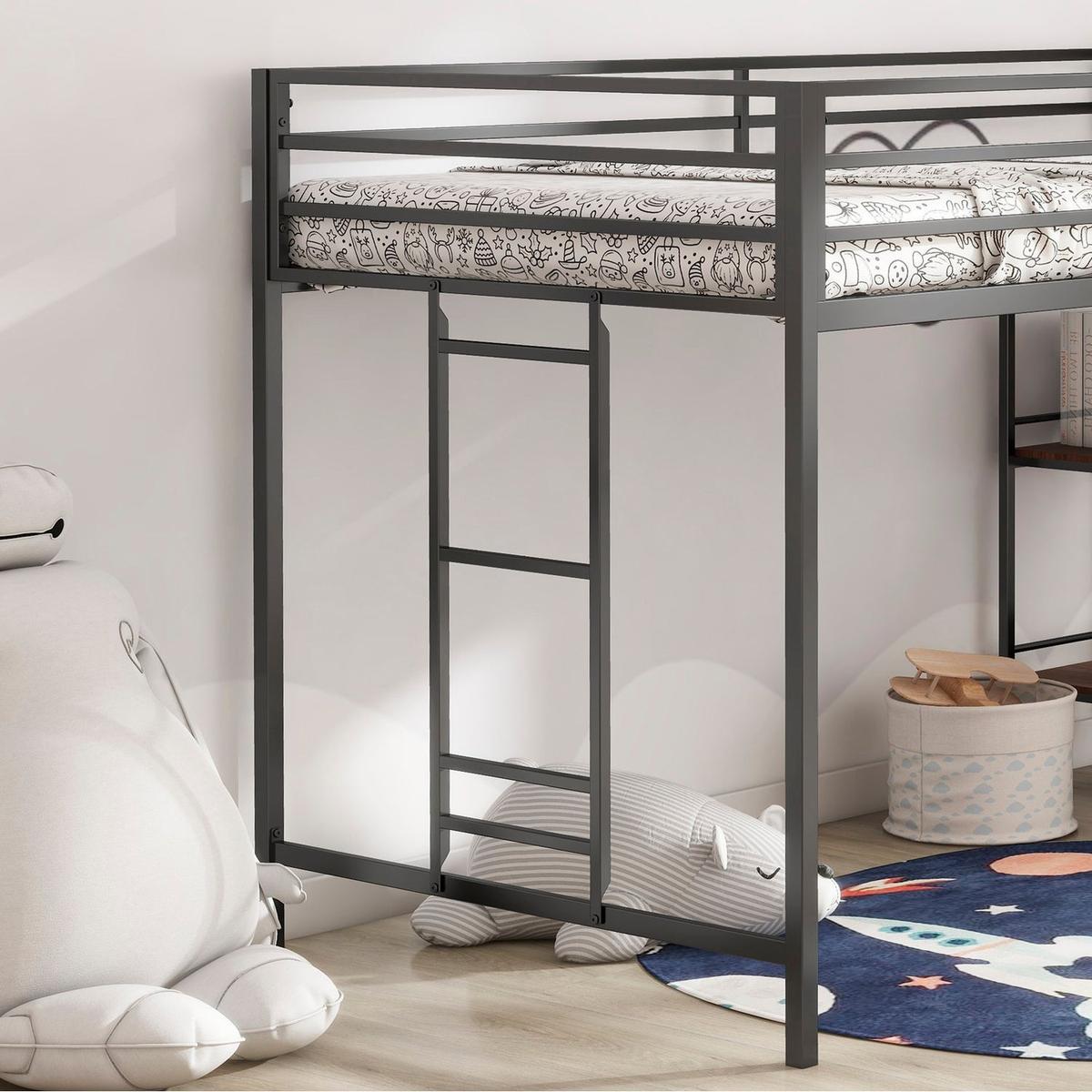 Adam sturdy junior twin loft bunk black with Cinnamon wood shelf for kids with easy climbing ladder, space saving
