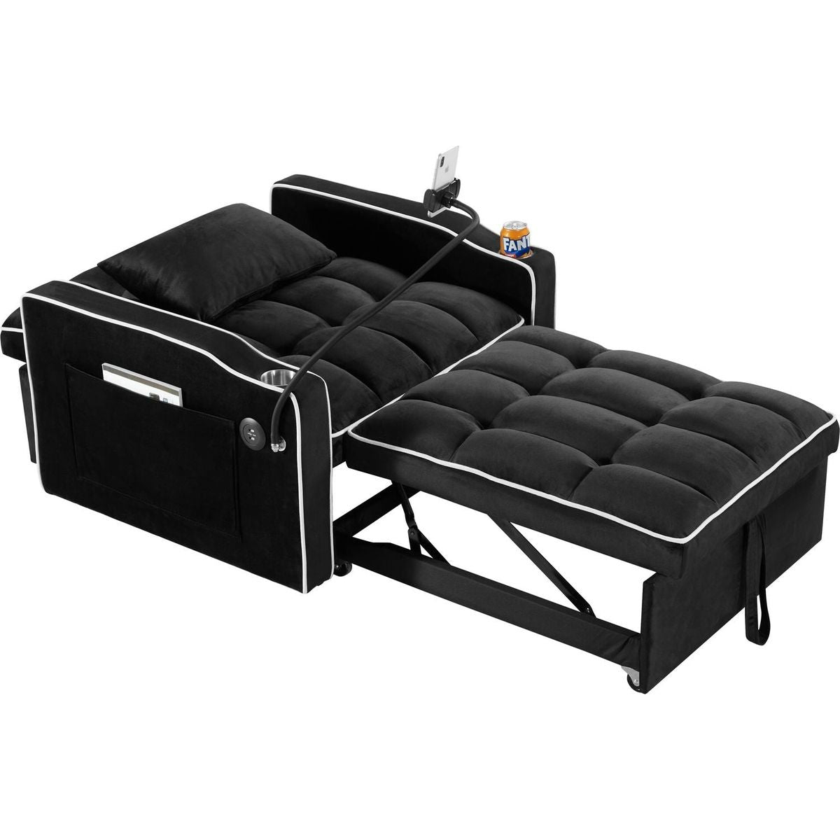 Convertible Sleeper Chair Sofa Bed Adjustable Pull Out Sleeper Chair Bed Multi-Pockets Folding Sofa Bed for Living Room Bedroom Small Space,3-in-1 Sofa Bed, (Black)