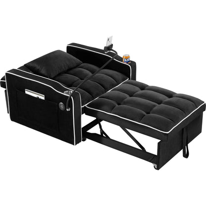 Convertible Sleeper Chair Sofa Bed Adjustable Pull Out Sleeper Chair Bed Multi-Pockets Folding Sofa Bed for Living Room Bedroom Small Space,3-in-1 Sofa Bed, (Black)