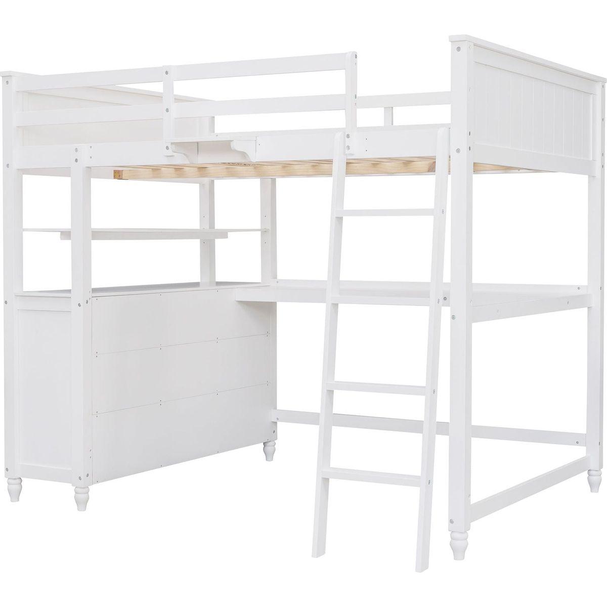 Full size Loft Bed with Drawers and Desk, Wooden Loft Bed with Shelves - White