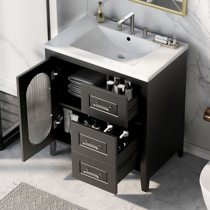 30" Bathroom Vanity with Sink, Bathroom Vanity Cabinet with Two Drawers and Door, Adjustable Shelf, Solid Wood and MDF, Black