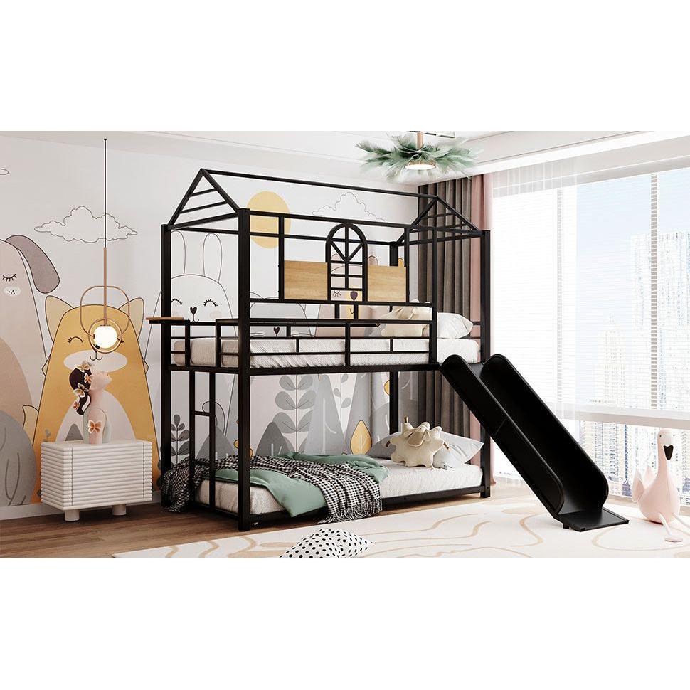 Twin Over Twin Metal Bunk Bed, Metal Housebed With Slide,Three Colors Available.(Black with Black Slide)