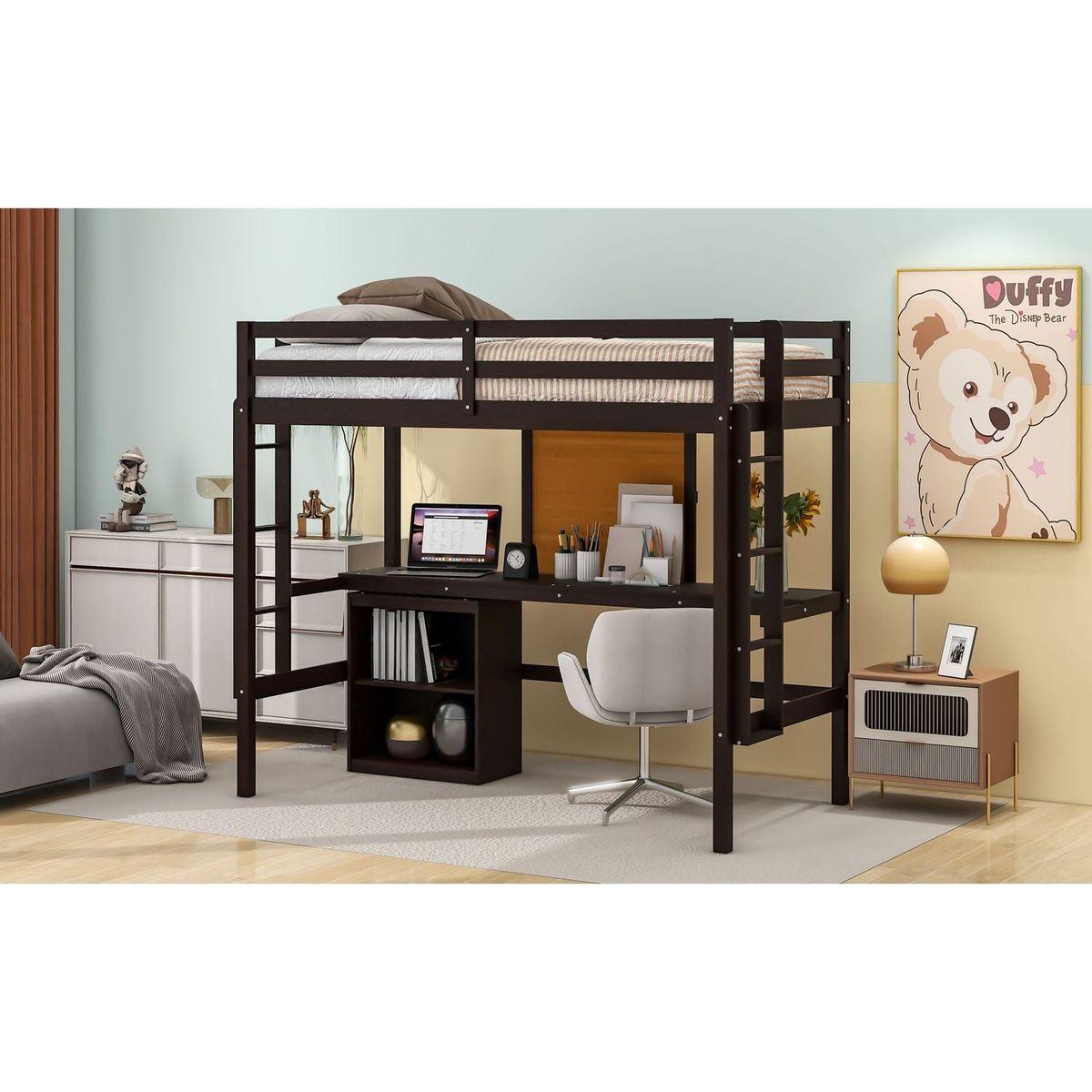 Twin size Loft Bed with Desk and Writing Board, Wooden Loft Bed with Desk & 2 Drawers Cabinet- Espresso