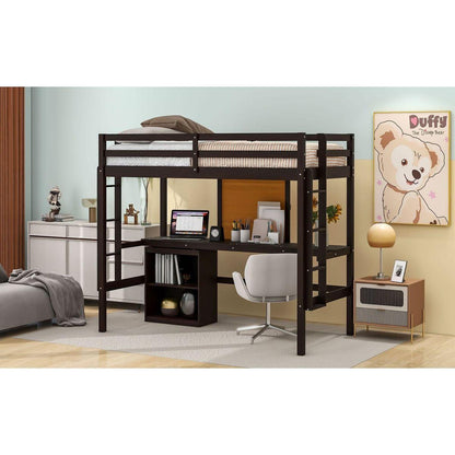Twin size Loft Bed with Desk and Writing Board, Wooden Loft Bed with Desk & 2 Drawers Cabinet- Espresso