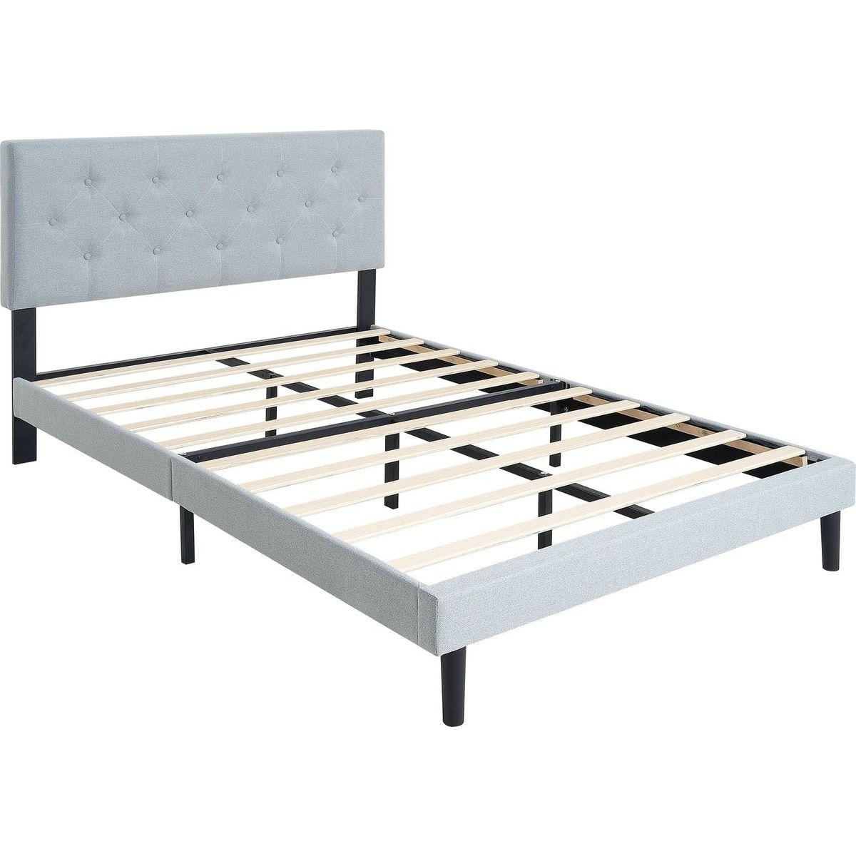 Twin Size Upholstered Platform Bed Frame with Modern Button Tufted Linen Fabric Headboard, No Box Spring Needed, Wood Slat Support, Easy Assembly, Grey