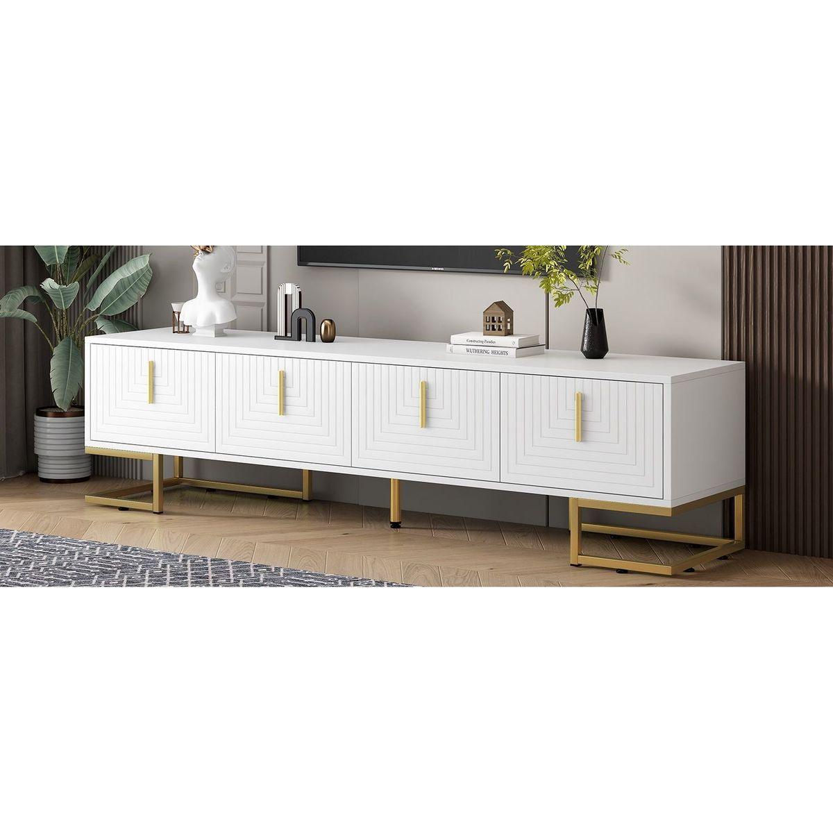 Modern TV Stand with Metal Legs and Gold Handles for TVs Up to 80", Media Console Table with Cabinets and Adjustable Shelves, Luxury TV Cabinet with Geometric Lines for Living Room, White