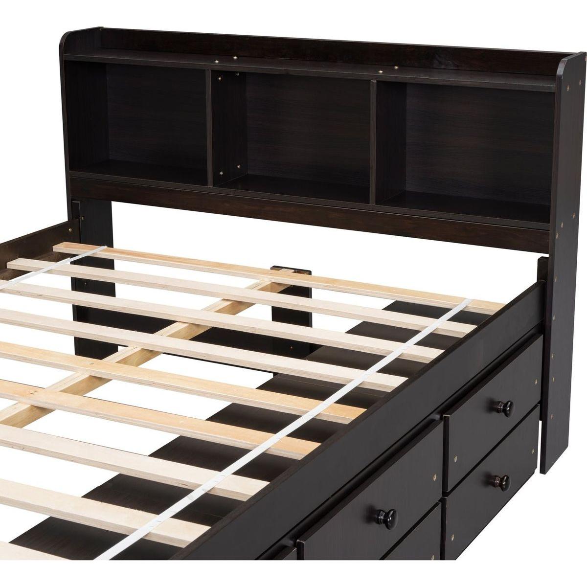 Full Bed with Bookcase Headboard, Under bed Storage Drawers and Bed End Storage Case,Espresso