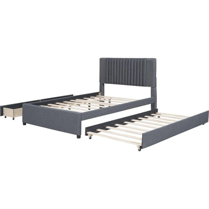Full Size Upholstered Platform Bed with 2 Drawers and 1 Twin Size Trundle, Classic Headboard Design, Gray