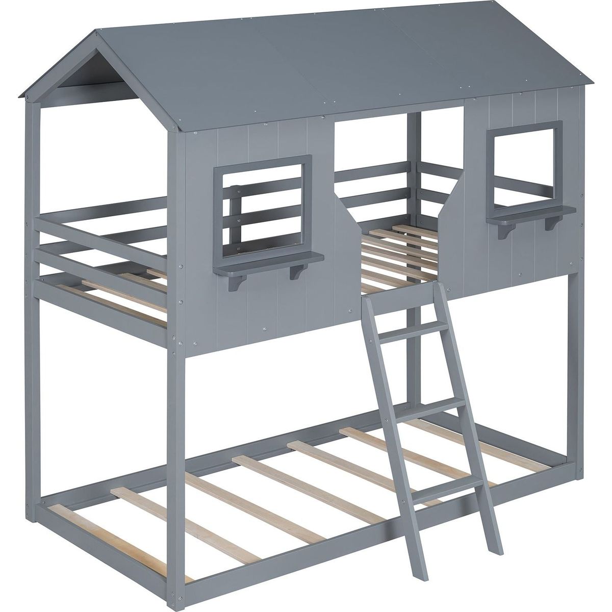 Twin Over Twin Bunk Bed Wood Bed with Roof, Window, Guardrail, Ladder (Gray)