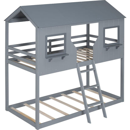 Twin Over Twin Bunk Bed Wood Bed with Roof, Window, Guardrail, Ladder (Gray)