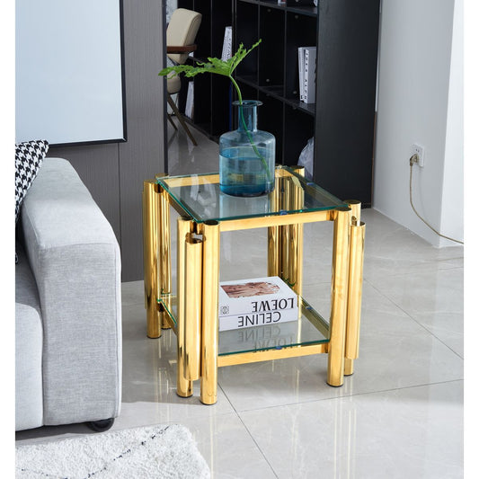 20 Inch Square End Table, Modern Stainless Steel End Table, Double-Layer Clear Tempered Glass Coffee Table, Side Table with Storage, for Living Room Home Office, Gold