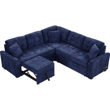82.6" L-shape Sofa Bed Pull-out Sleeper Sofa with Wheels, USB Ports, Power Sockets for Living Room, Navy Blue
