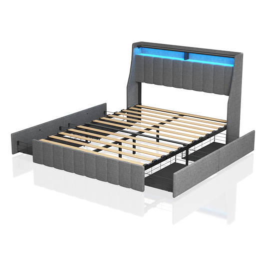 Full Size Bed Frame with LED, 4 Under-bed Portable Storage Drawers, Wings Headboard Design, Light Grey