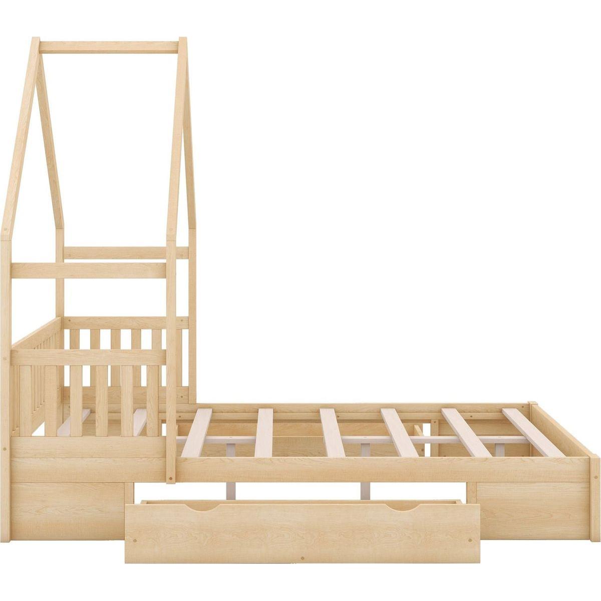 Wood Queen Size House Platform Bed with Guardrail and 2 Drawers, Natural