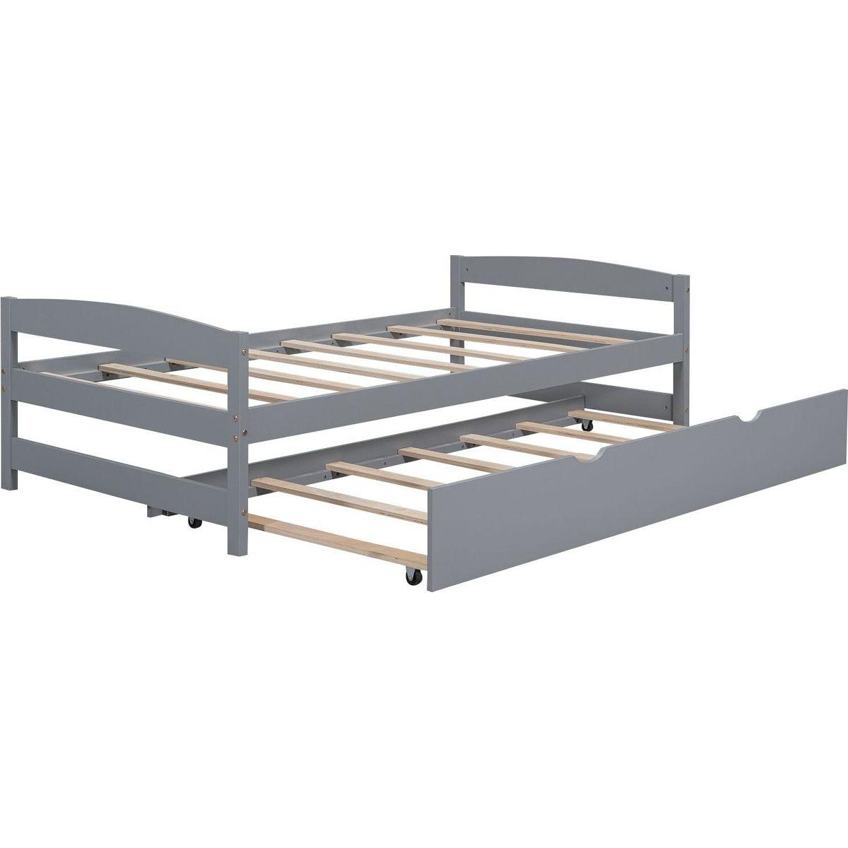 Twin Size Platform Bed with Twin Size Trundle, Gray