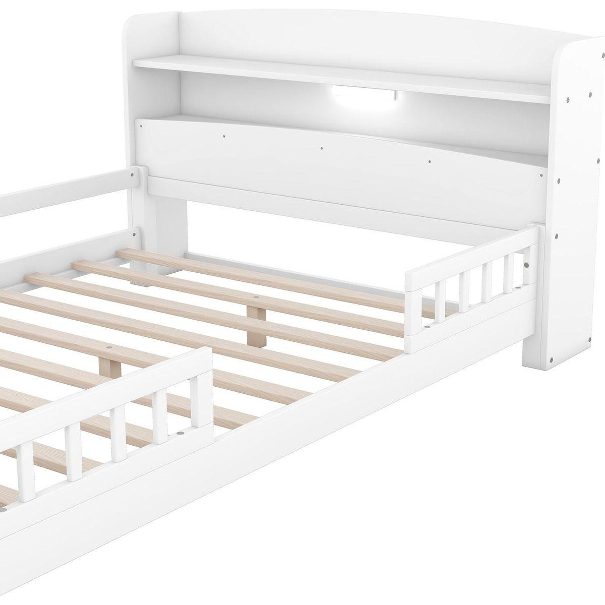 Wood Full Size Platform Bed with Built-in LED Light, Storage Headboard and Guardrail, White