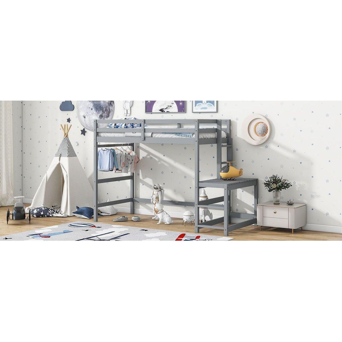 Twin High Loft Bed with Ladder landing Platform, Ladders, Guardrails,Grey