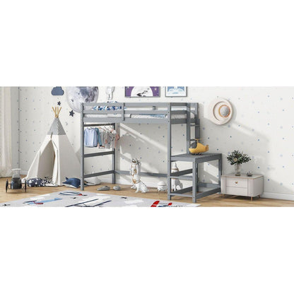 Twin High Loft Bed with Ladder landing Platform, Ladders, Guardrails,Grey