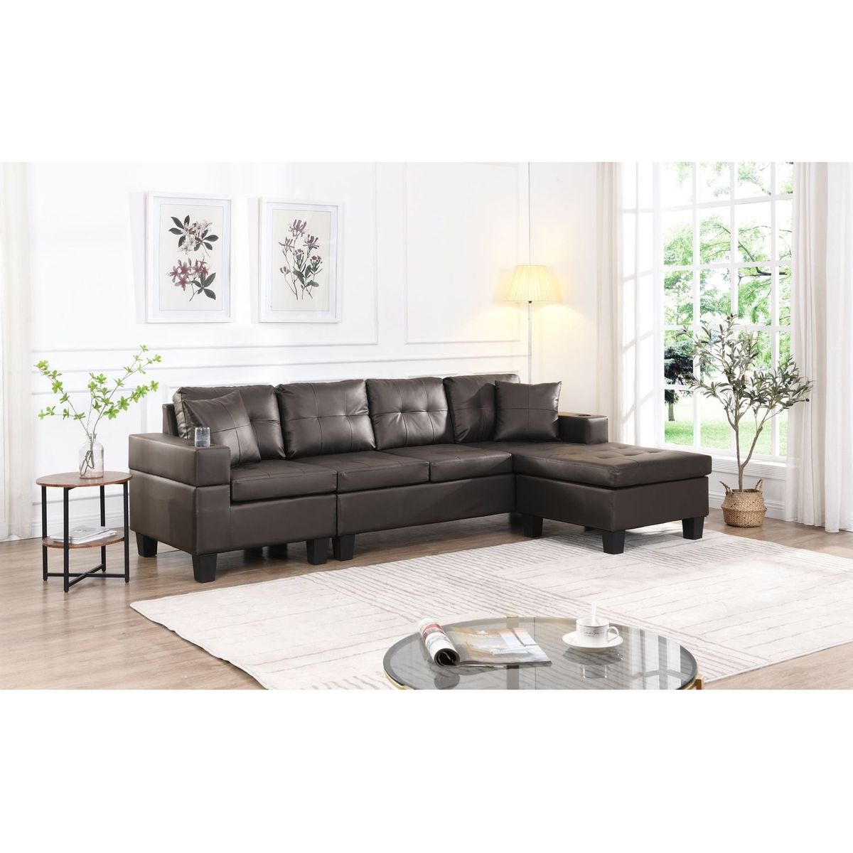 Sectional Sofa Set for Living Room with L Shape Chaise Lounge, cup holder and Left or Right Hand Chaise Modern 4 Seat (Chocolate brown)