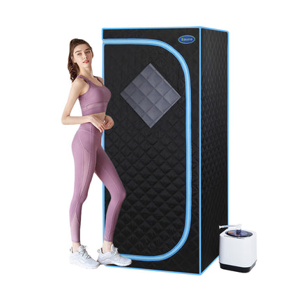 Full Size Portable Black Steam Sauna tent"ersonal Home Spa, with Steam Generator, Remote Control, Foldable Chair, Timer and PVC Pipe Connector Easy to Install.Fast heating, with FCC Certification