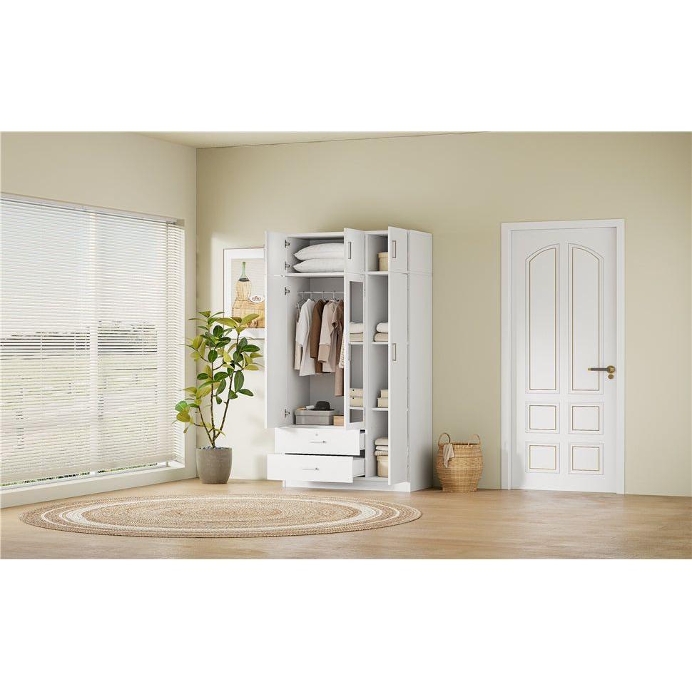 3-Door Mirror Wardrobe with 2 Drawers and Top Cabinet,White